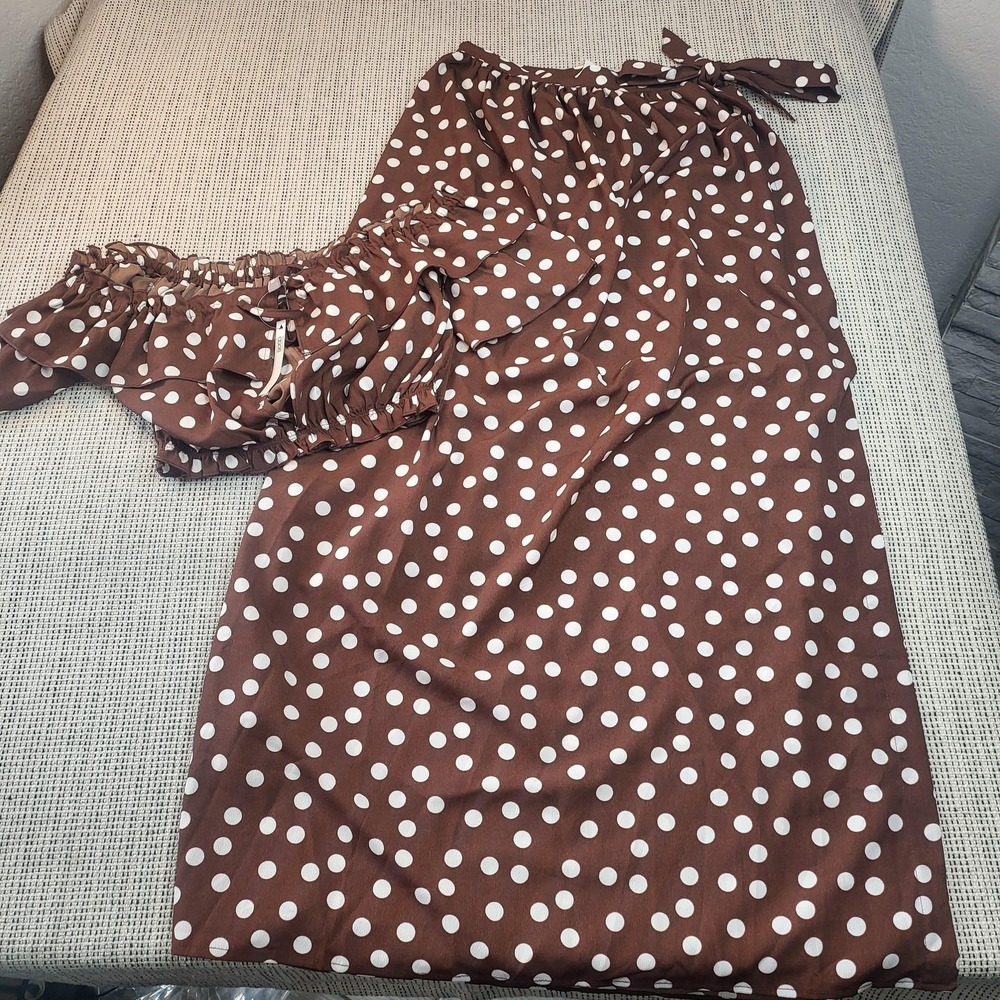 ASOS Polka Dot Skirt Top Set Womens 2 Brown Ruffle Off Shoulder Crop Midi Wrap
